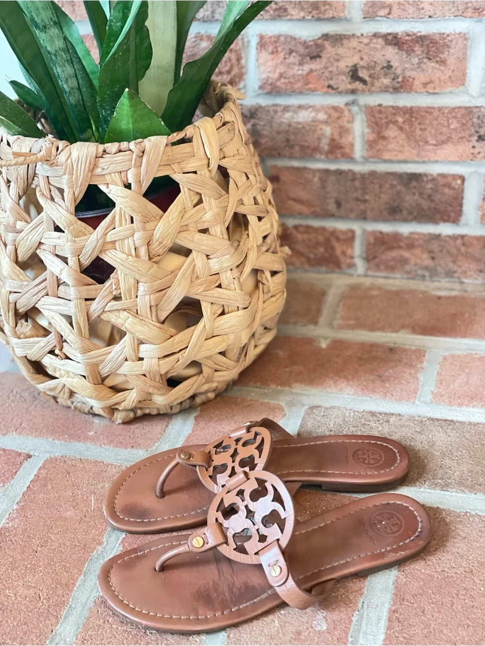 Tory Burch Tan Leather Logo Thong Sandals